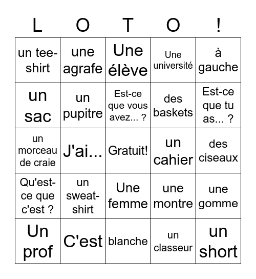 Ch. 2.1 Français Bingo Card