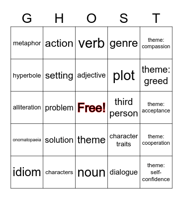 Language Arts Spooky Bingo Card