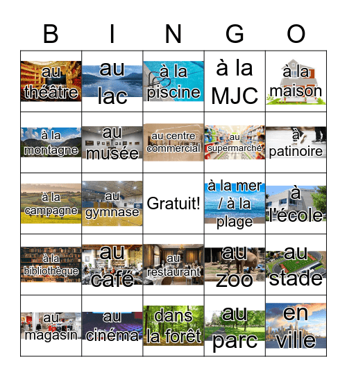 On va à ....  (places we do activities) Bingo Card