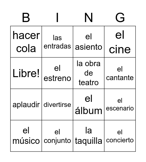 Diversiones-música y teatro Bingo Card