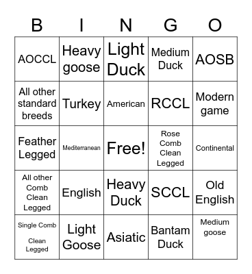 Poultry Classes Bingo Card