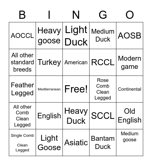 Poultry Classes Bingo Card