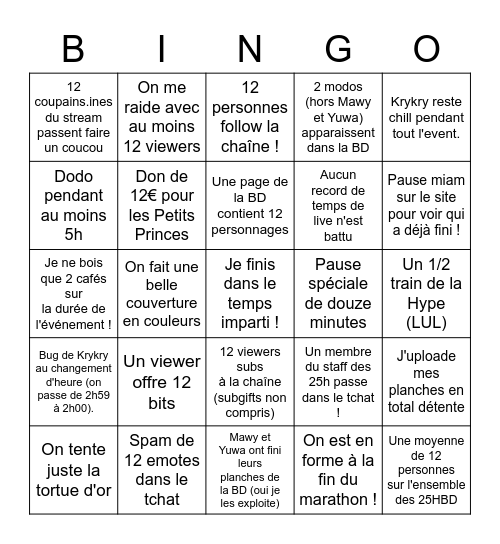 Le bingo le plus chill du monde pour les 25HBD Bingo Card