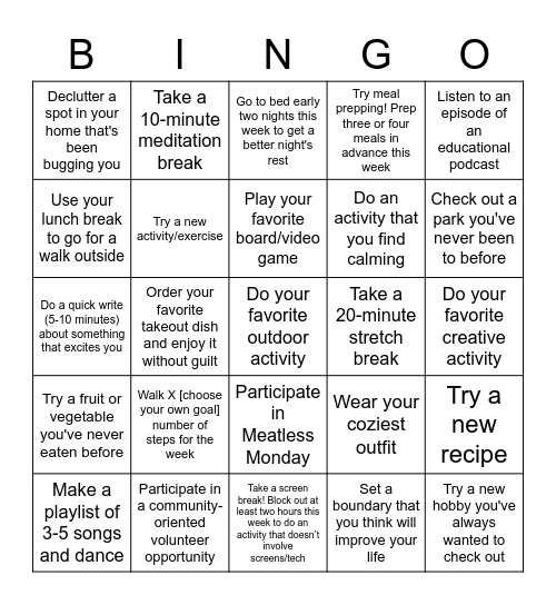 Wellness Bingo Card