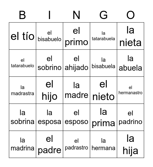 Ch 3 Vocab (Family Members) Bingo Card