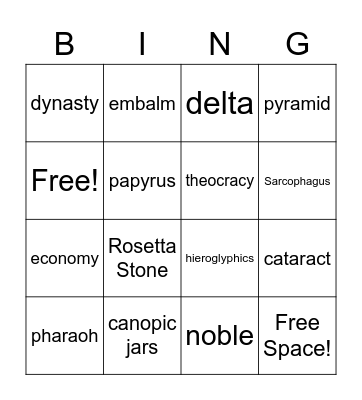 Egypt Bingo Card