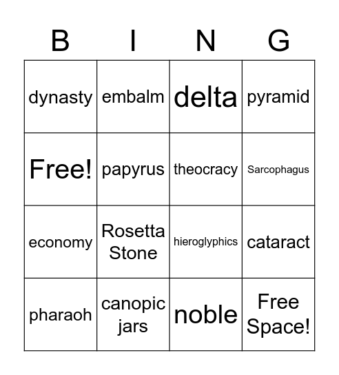 Egypt Bingo Card