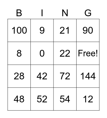 Multiplication Bingo Card