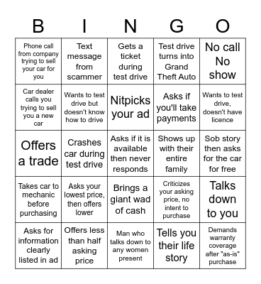 Selling your car bingo Card