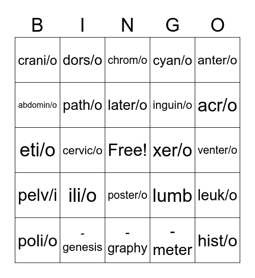 Body Structures Bingo Card