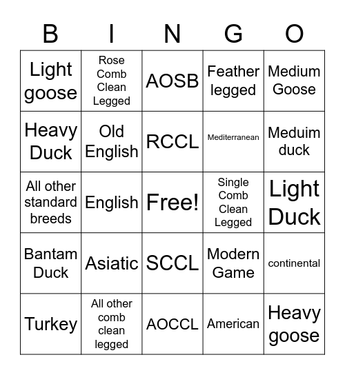 Poultry Classes Bingo Card