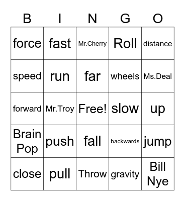 Force and Motion Bingo Card