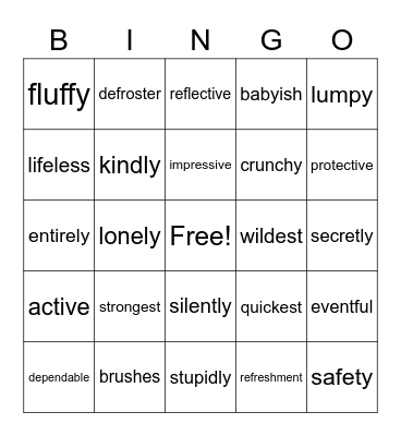 Words with Suffixes Bingo Card