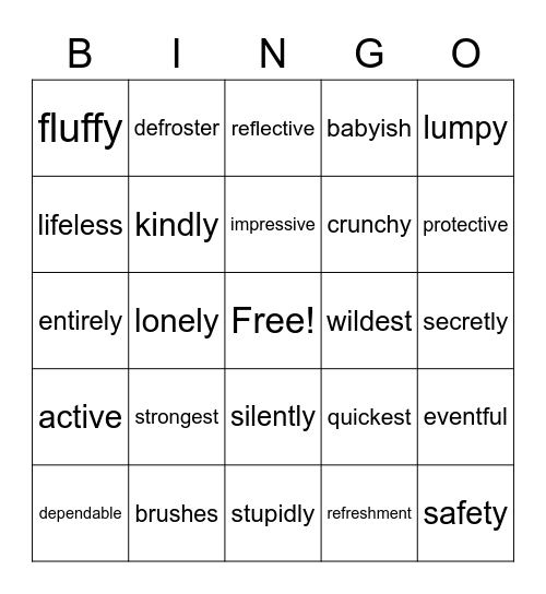 Words with Suffixes Bingo Card