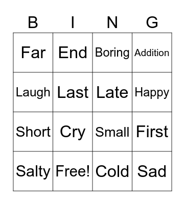 Antonym Bingo Card