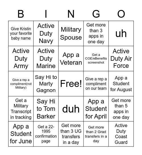 Military Bingo! Bingo Card