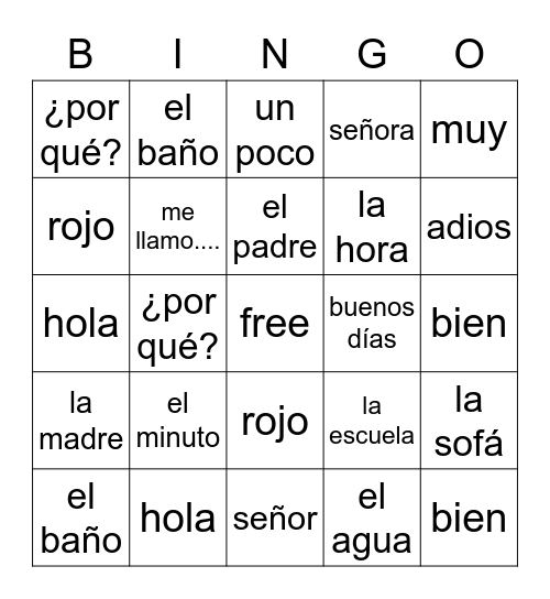 Spanish Bingo Card