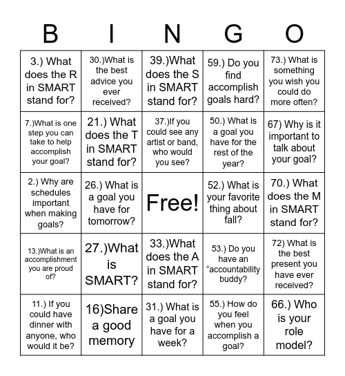 Goal Setting Bingo Card