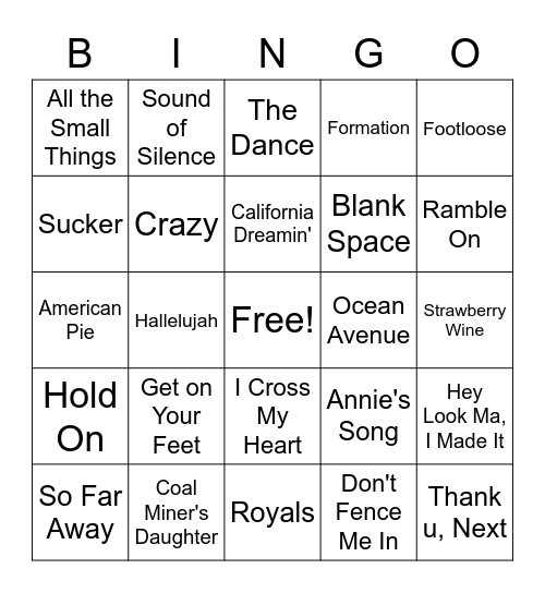 Name That Tune Bingo Card