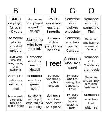 RMCC Getting to know you Bingo Card
