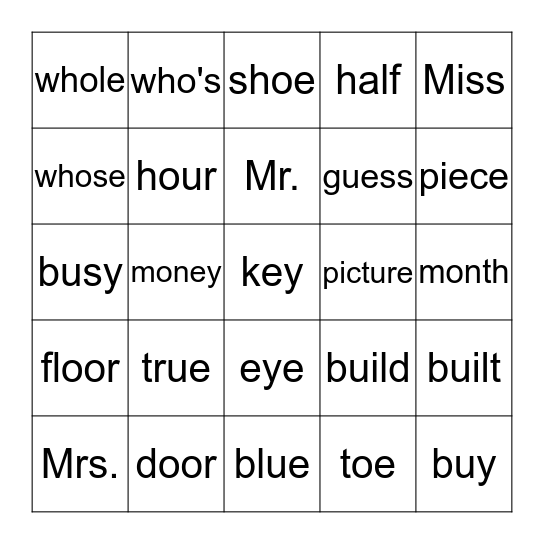 SIGHT WORDS Bingo Card