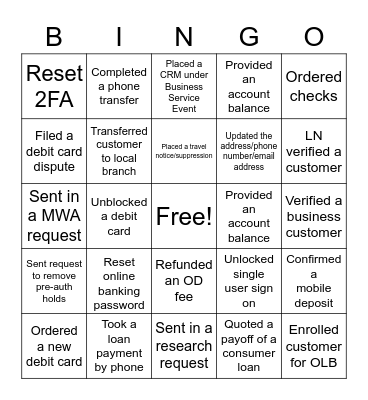 Customer Service BINGO Card