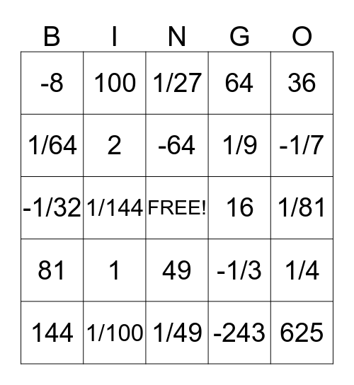 Exponents bingo Card