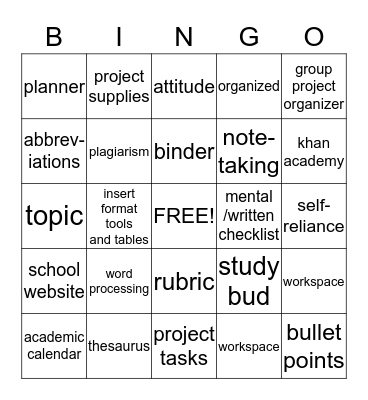 Study Skills Bingo Card