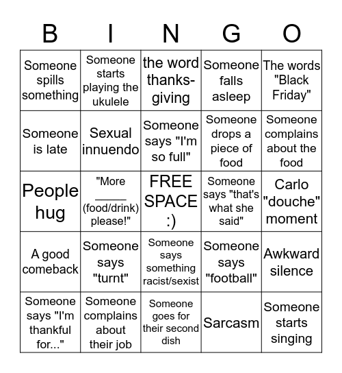 SFriendsgiving Bingo Card