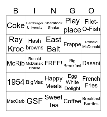 McDonalds Triva Bingo Card