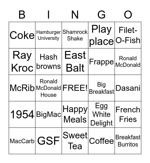 McDonalds Triva Bingo Card