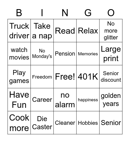 Tom's Retirment Bingo Card