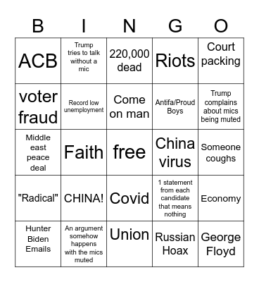 October 2020 debate Bingo Card