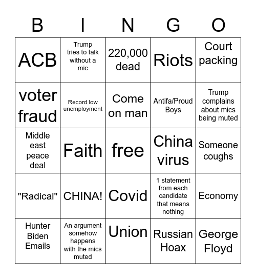 October 2020 debate Bingo Card
