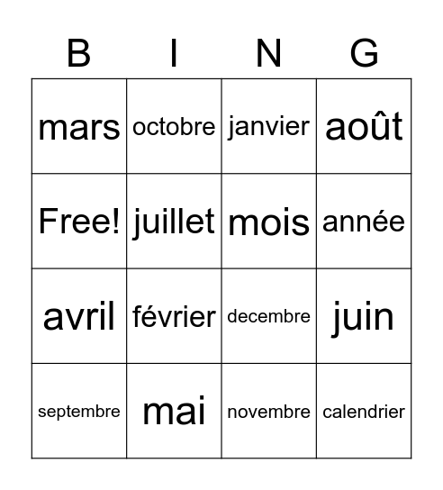 French Months Bingo Card