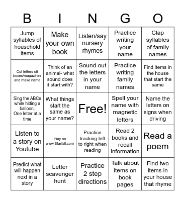 Literacy Bingo Card