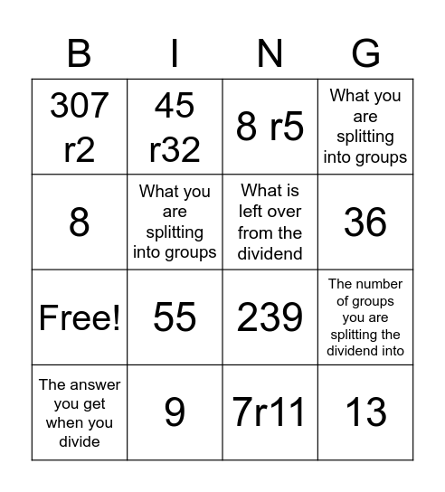 Division Bingo Card