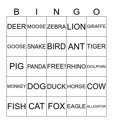 ANIMAL BINGO Card