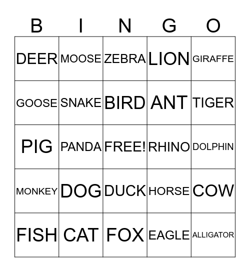 ANIMAL BINGO Card