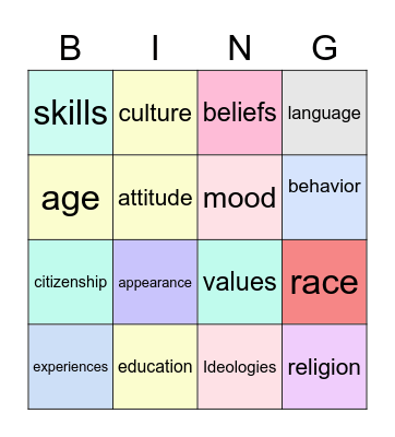 Individual Differences Bingo Card