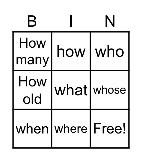 Wh- Questions Bingo Card