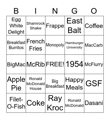 McDonalds Triva Bingo Card