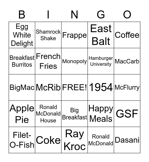 McDonalds Triva Bingo Card