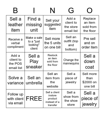 Clothing Sales Bingo Card