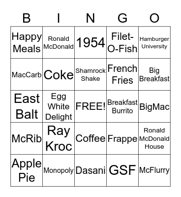 McDonalds Triva Bingo Card
