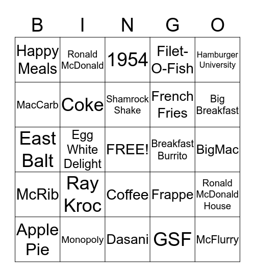 McDonalds Triva Bingo Card