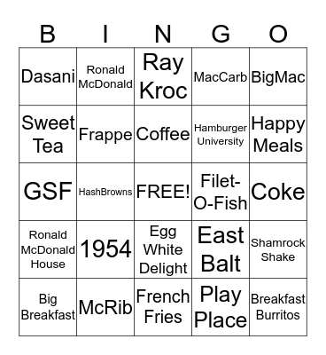 McDonalds Triva Bingo Card