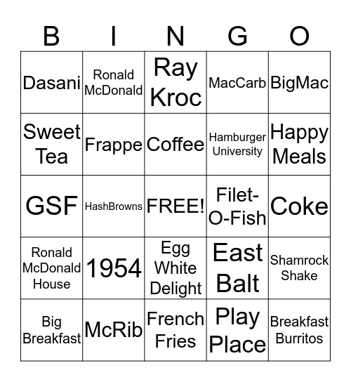 McDonalds Triva Bingo Card