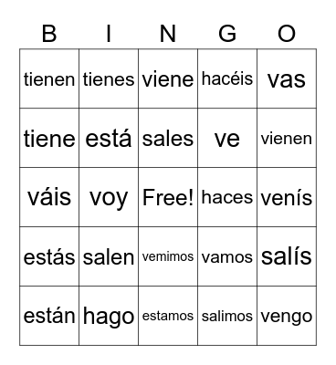 Verbos irregulares Bingo Card