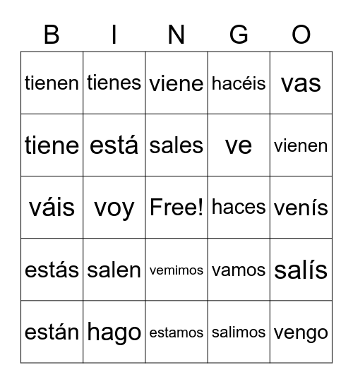 Verbos irregulares Bingo Card